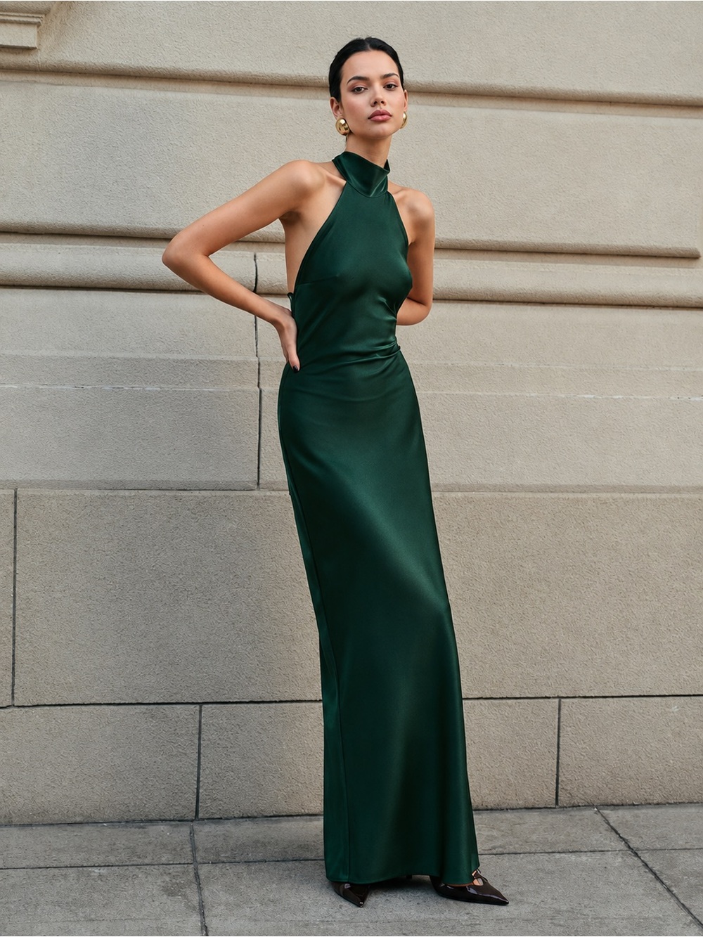 Commense open back satin halter dress
